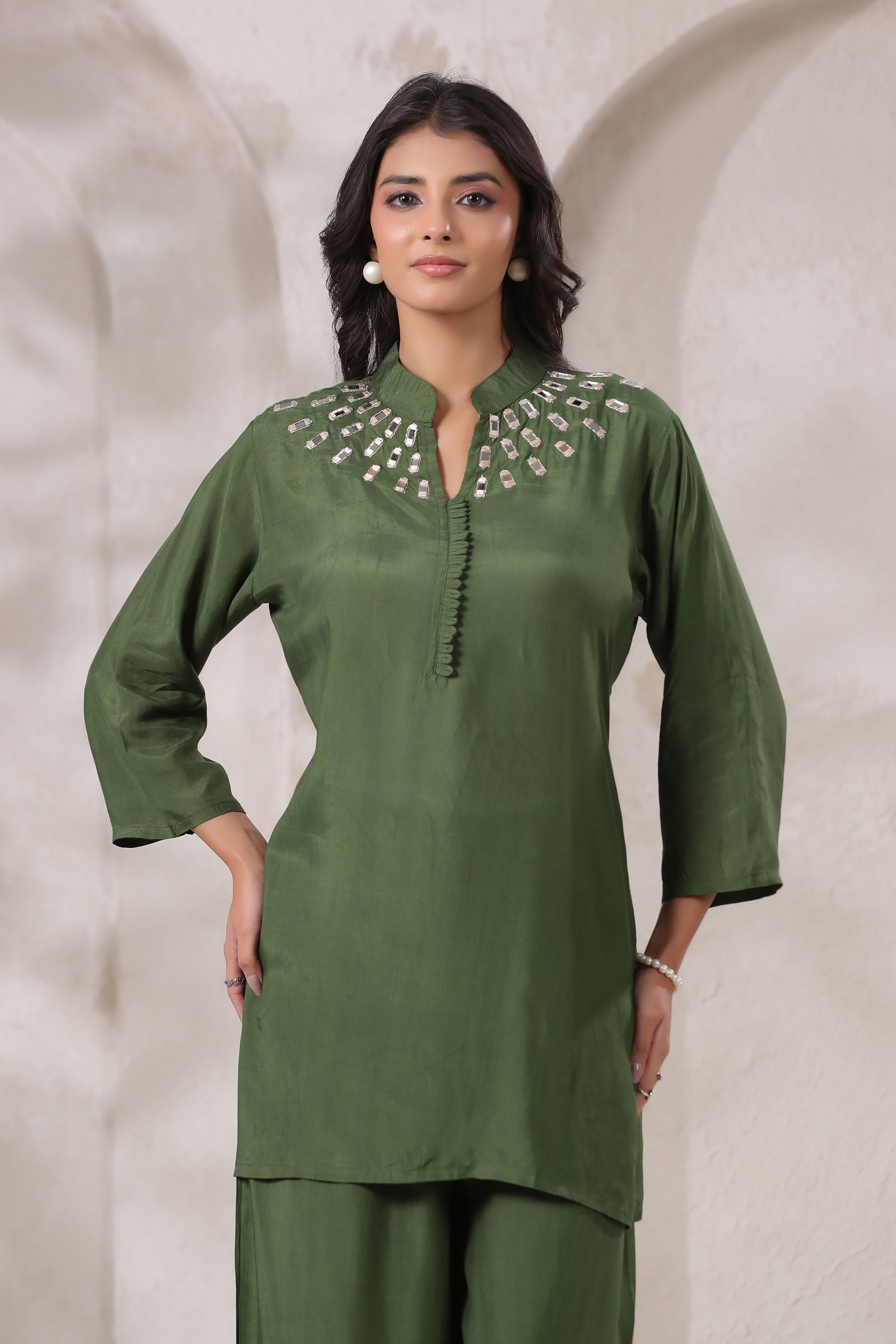 Olive Green Mirror Hand Work Muslin Silk Co-ord Set