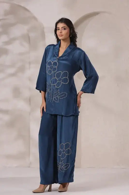 Ocean Blue Hand Embroidered Natural Crepe Co-ord Set