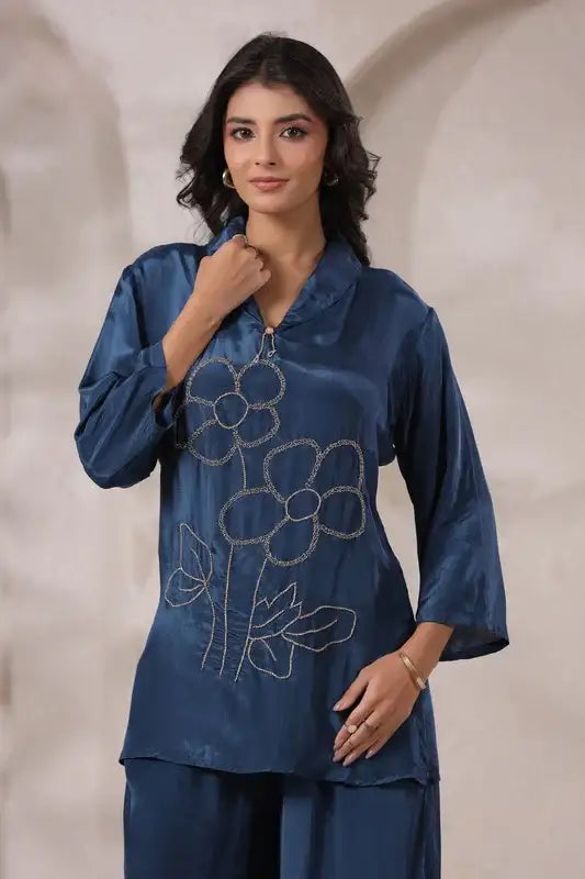Blue Embroidered Tunic Russian Silk Co-ord Set