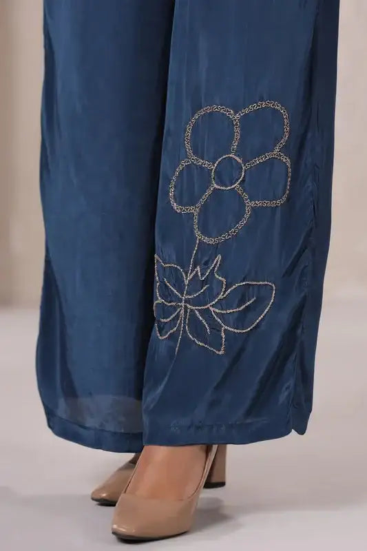 Blue Embroidered Tunic Russian Silk Co-ord Set