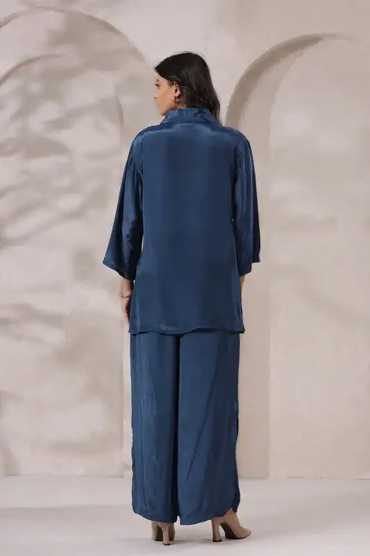 Ocean Blue Hand Embroidered Natural Crepe Co-ord Set