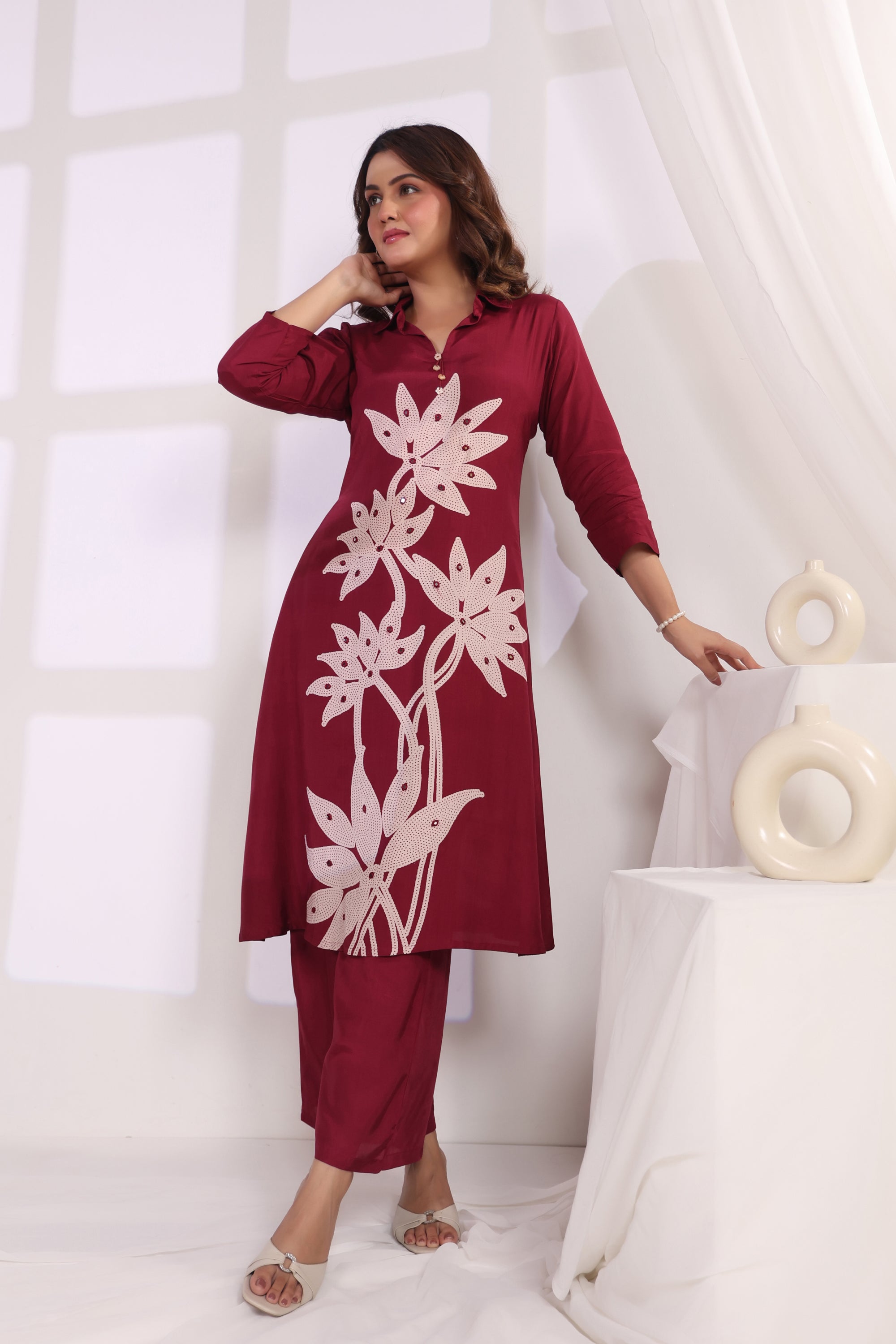 Crimson Leaf Symphony Russian Silk Co-ord Set