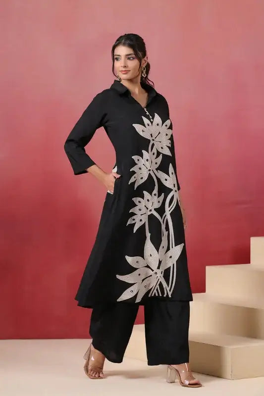 Black Hand Embroidered Russian Silk Co-ord Set