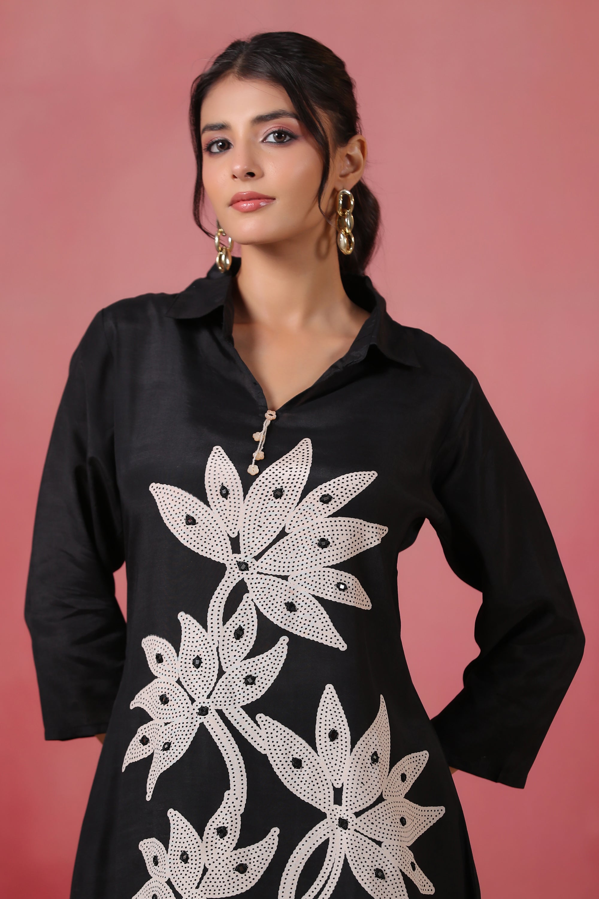 Black Hand Embroidered Russian Silk Co-ord Set