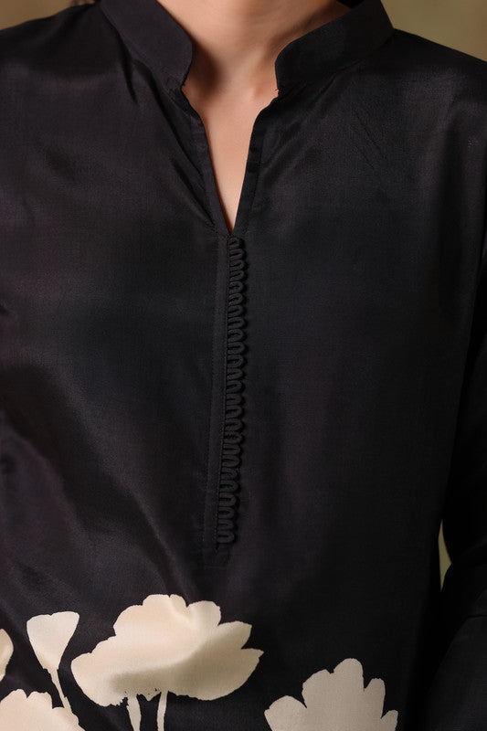 Elegant Midnight Floral Printed Russian Silk Co-ord Set