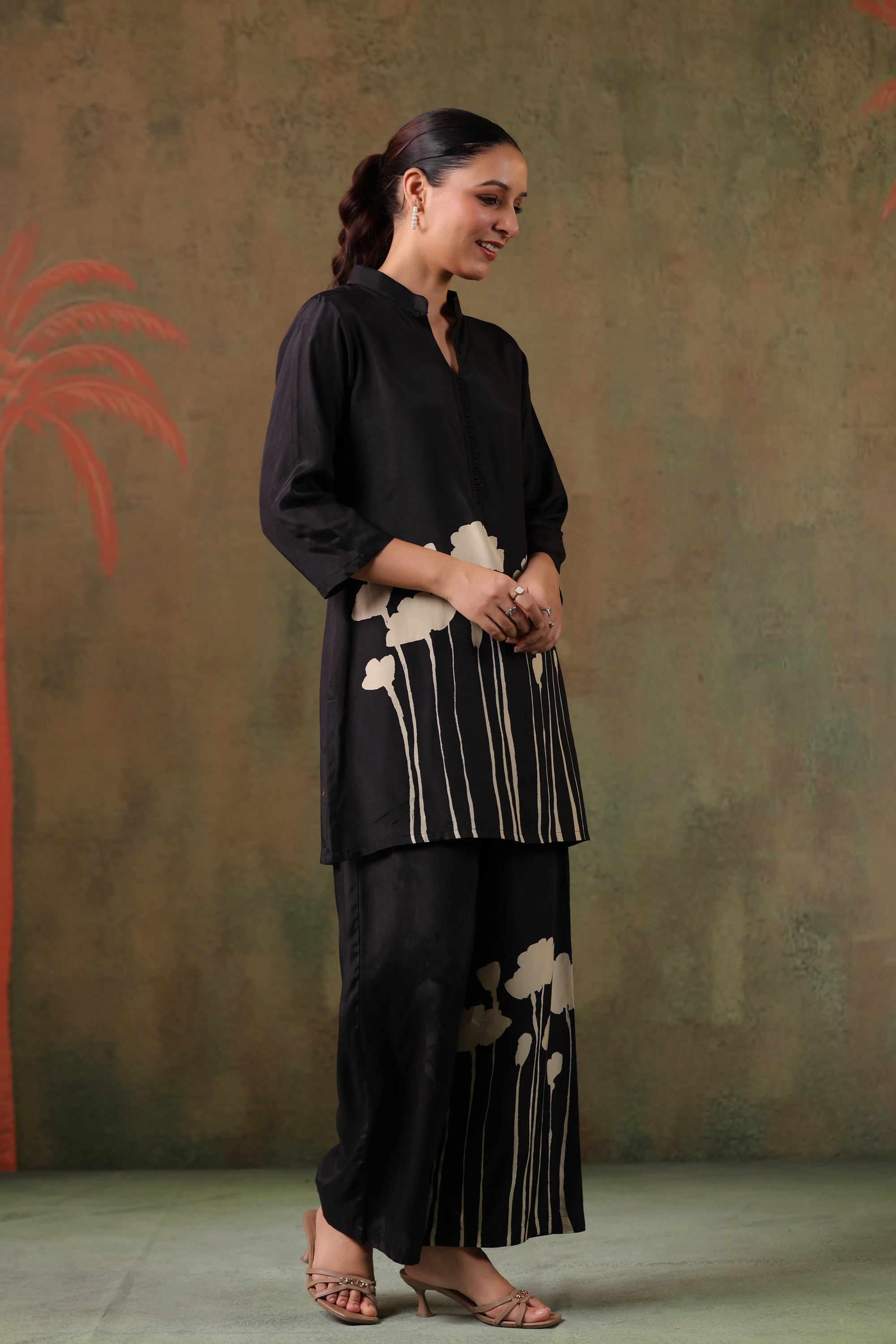 Elegant Midnight Floral Printed Russian Silk Co-ord Set