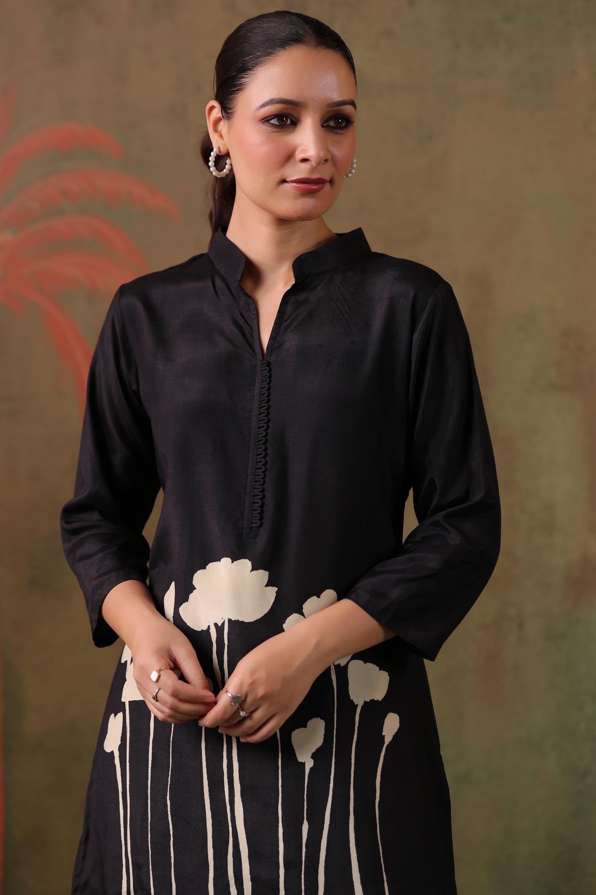 Elegant Midnight Floral Printed Russian Silk Co-ord Set