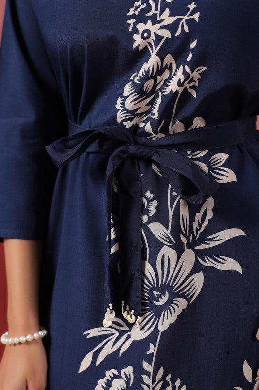 Navy Floral Midi Dress Russian Silk with Belted Waist