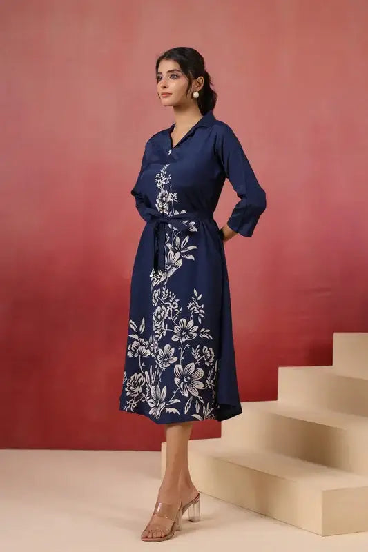Navy Floral Russian Silk Dress