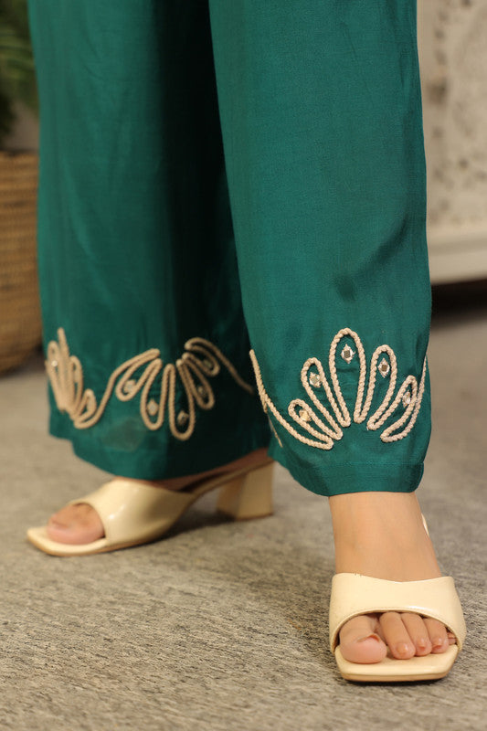 Elegant Emerald Green Embroidered Russian Silk Co-ord Set
