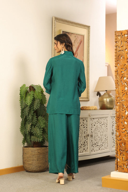 Elegant Emerald Green Embroidered Russian Silk Co-ord Set