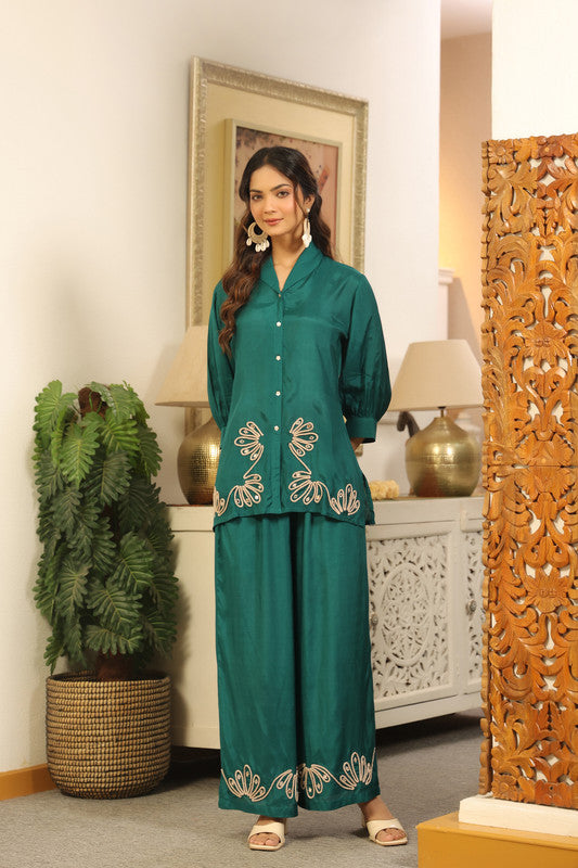 Elegant Emerald Green Embroidered Russian Silk Co-ord Set