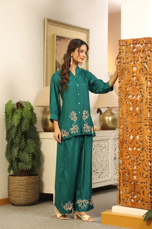 Elegant Emerald Green Embroidered Russian Silk Co-ord Set