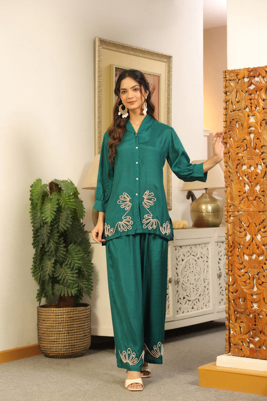 Elegant Emerald Green Embroidered Russian Silk Co-ord Set