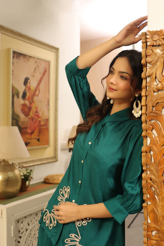 Elegant Emerald Green Embroidered Russian Silk Co-ord Set