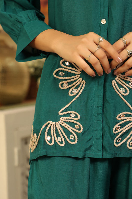 Elegant Emerald Green Embroidered Russian Silk Co-ord Set