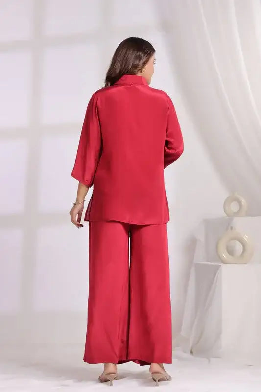 Ruby Red Tulip Embroidered Natural crepe Co-ord Set