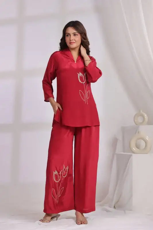 Ruby Red Tulip Embroidered Natural crepe Co-ord Set