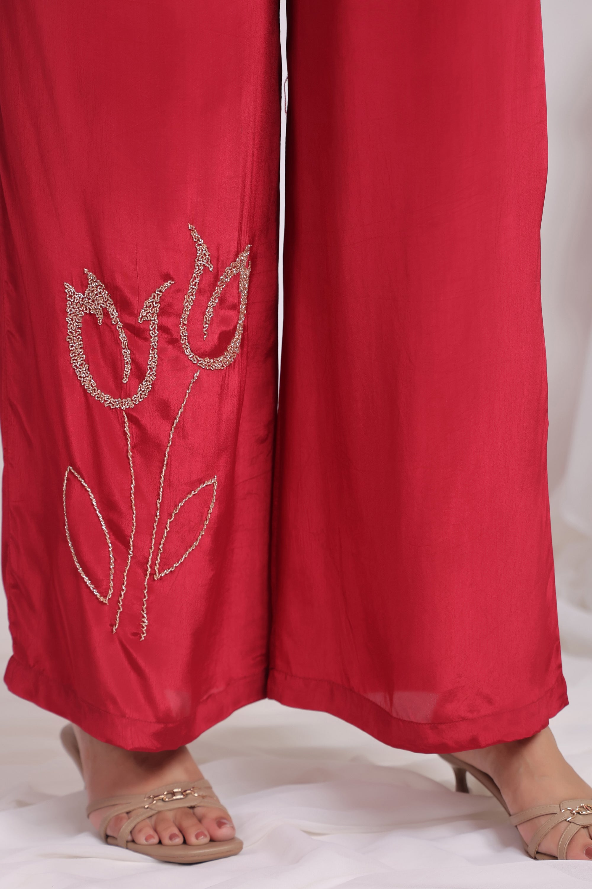 Ruby Red Tulip Embroidered Natural crepe Co-ord Set