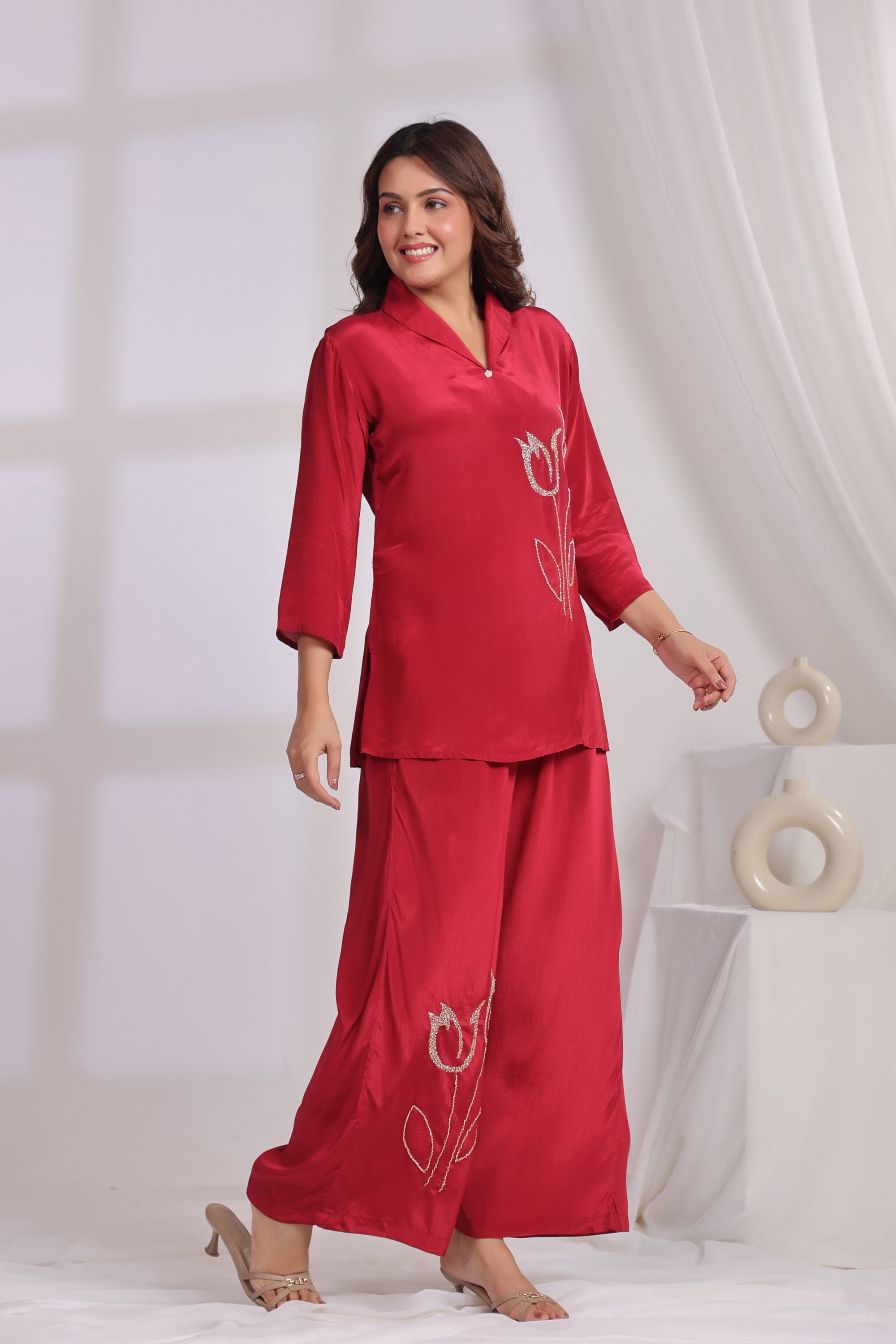 Ruby Red Tulip Embroidered Natural crepe Co-ord Set