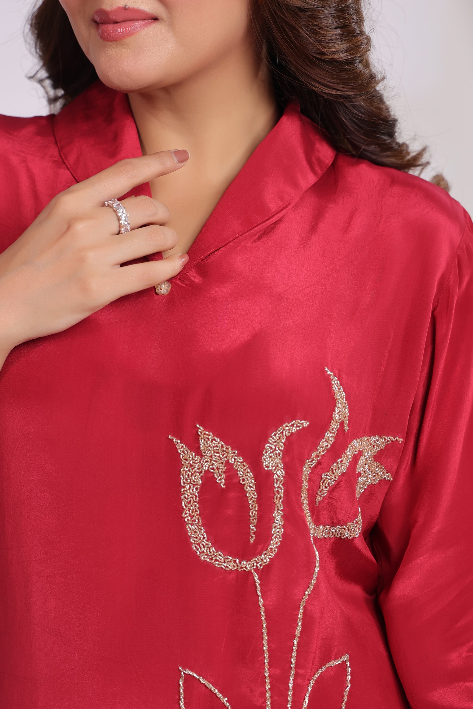 Ruby Red Tulip Embroidered Natural crepe Co-ord Set