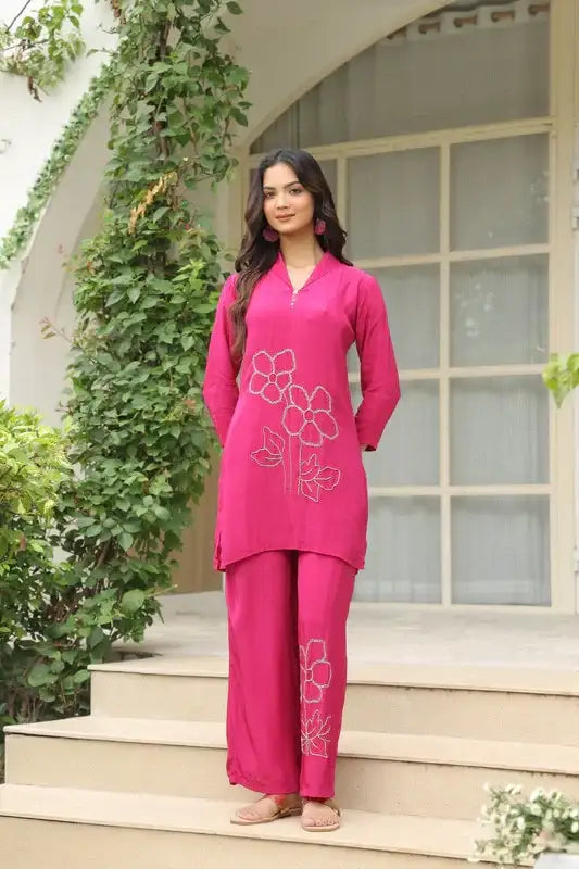 Magenta Blossom Embroidered Natural Crepe Co-ord Set
