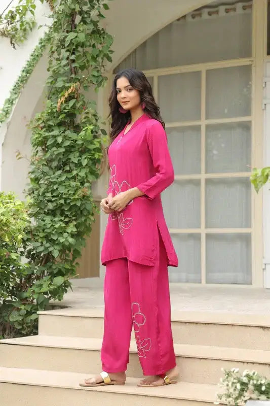 Magenta Blossom Embroidered Natural Crepe Co-ord Set