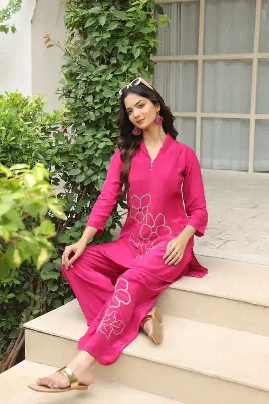 Magenta Blossom Embroidered Natural Crepe Co-ord Set