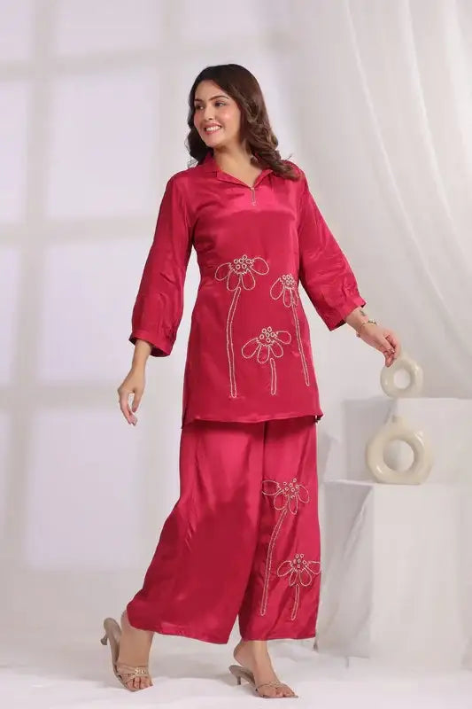 Magenta Hand Embroidered Natural Crepe Co-ord Set