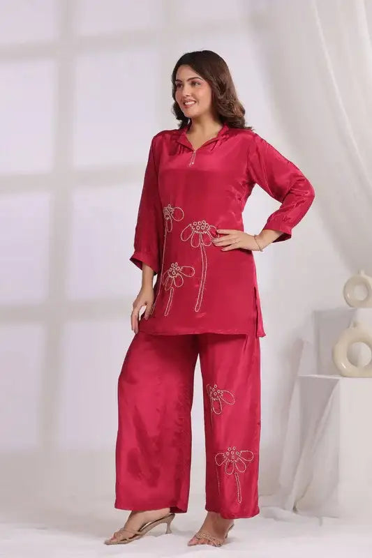 Magenta Hand Embroidered Natural Crepe Co-ord Set