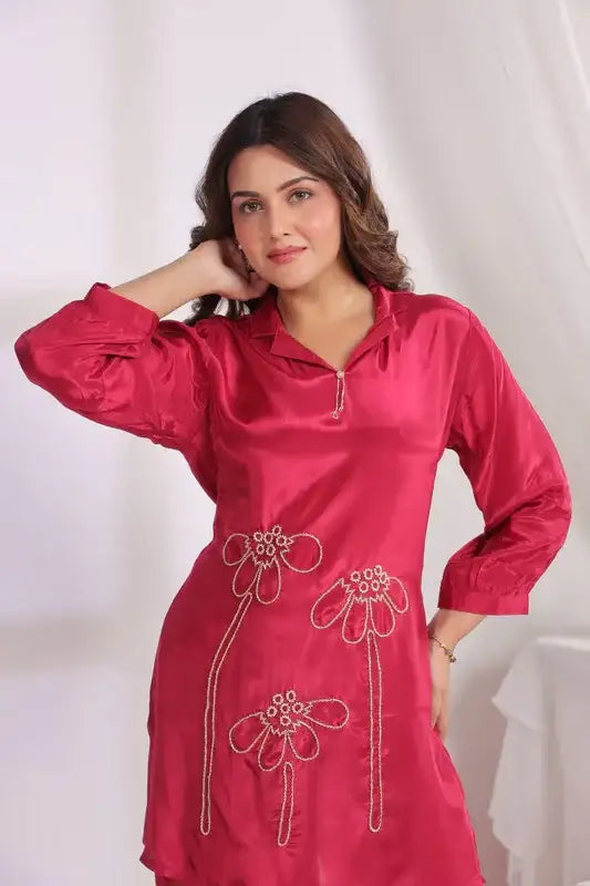 Pink Embroidered Tunic Russian Silk Co-ord Set