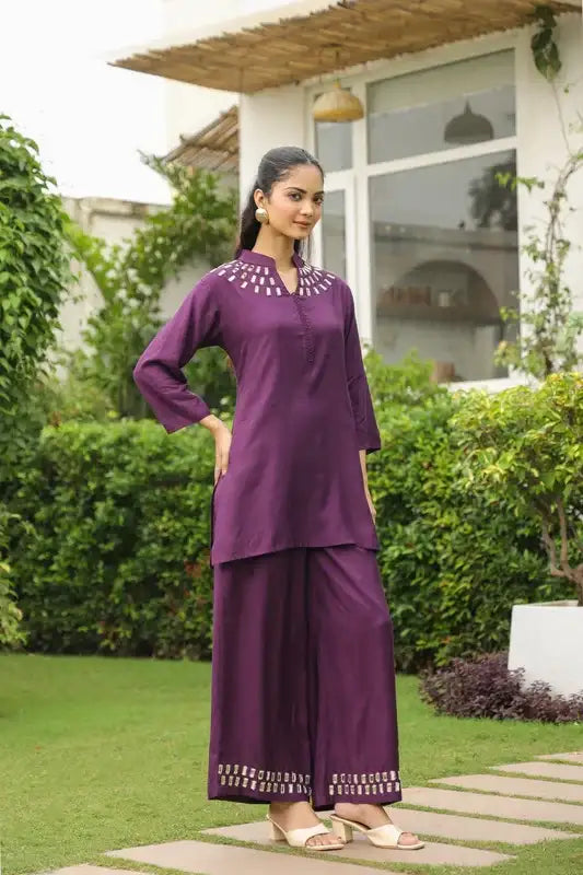 Plum Mirror Hand Work Muslin Silk Co-ord Set