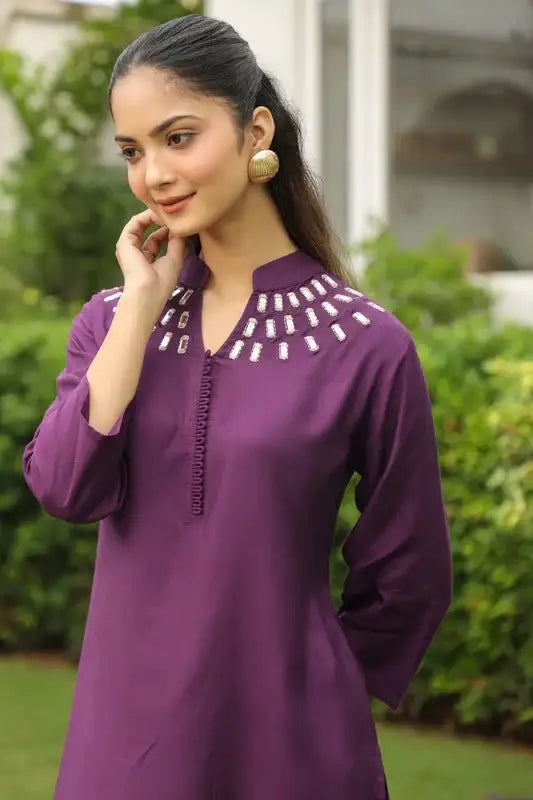 Plum Mirror Hand Work Muslin Silk Co-ord Set