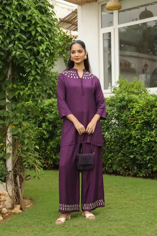 Plum Mirror Hand Work Muslin Silk Co-ord Set