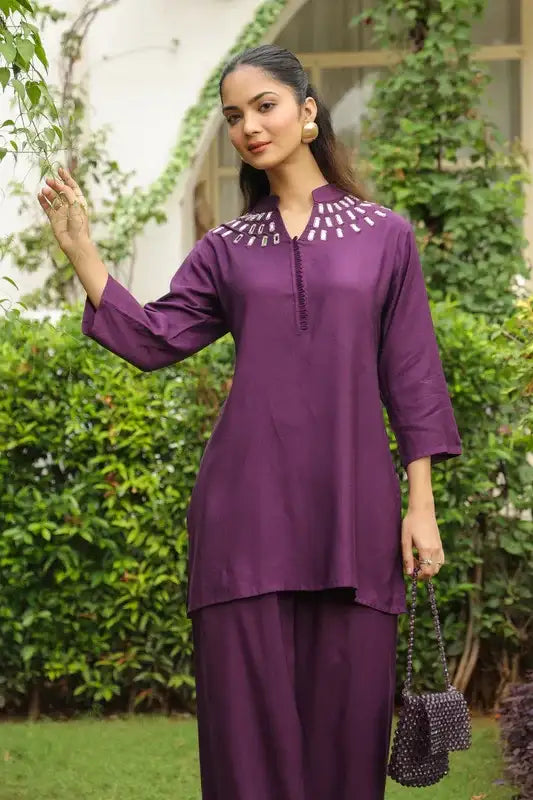 Plum Mirror Hand Work Muslin Silk Co-ord Set