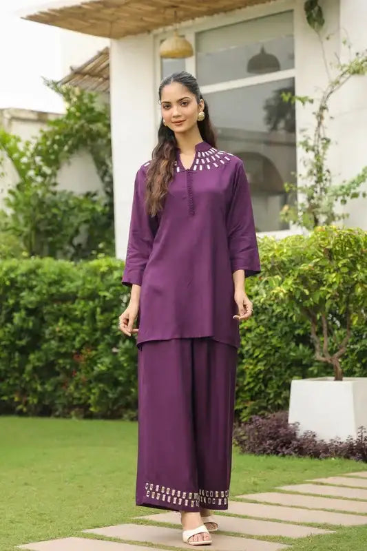 Plum Mirror Hand Work Muslin Silk Co-ord Set
