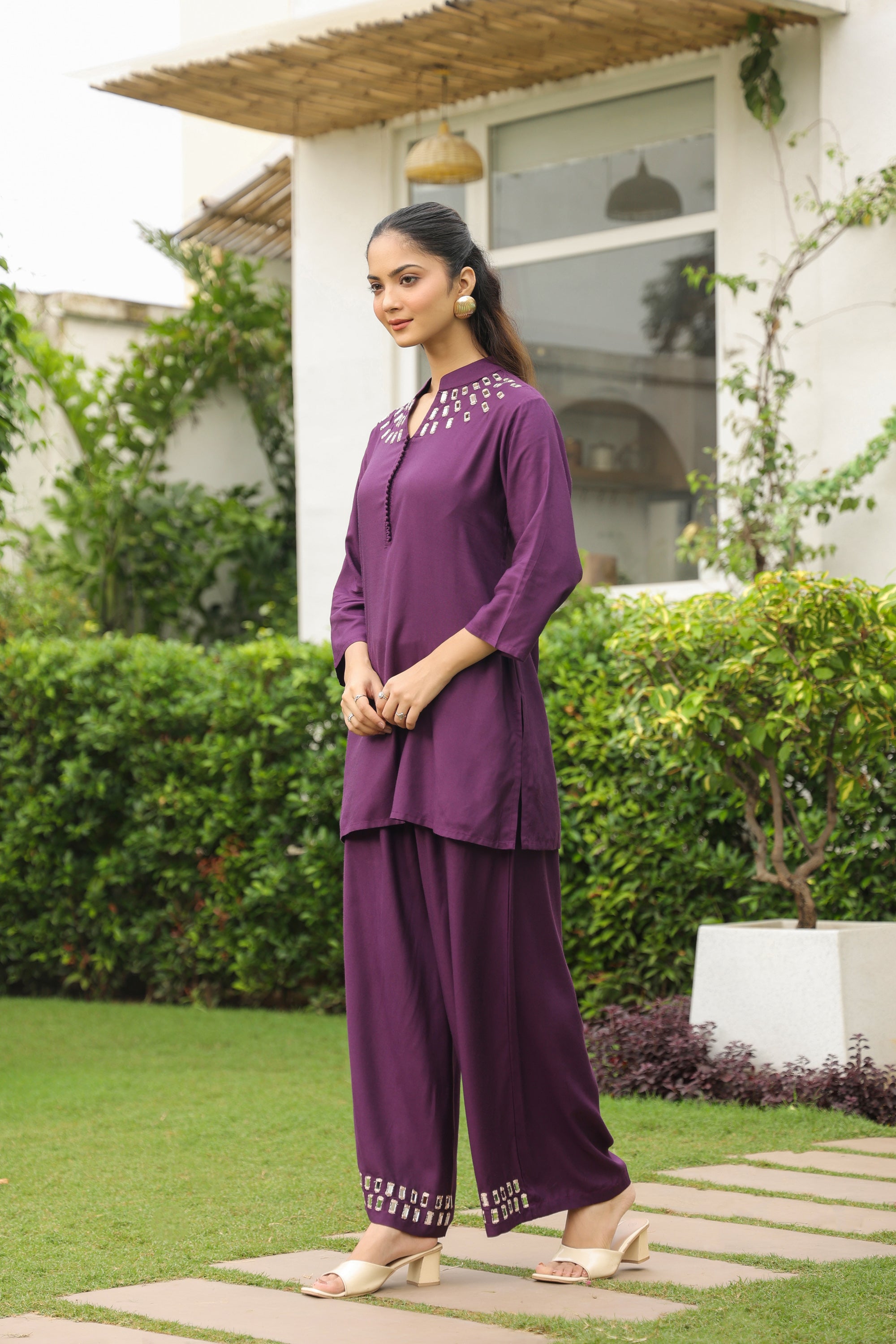 Plum Mirror Hand Work Muslin Silk Co-ord Set