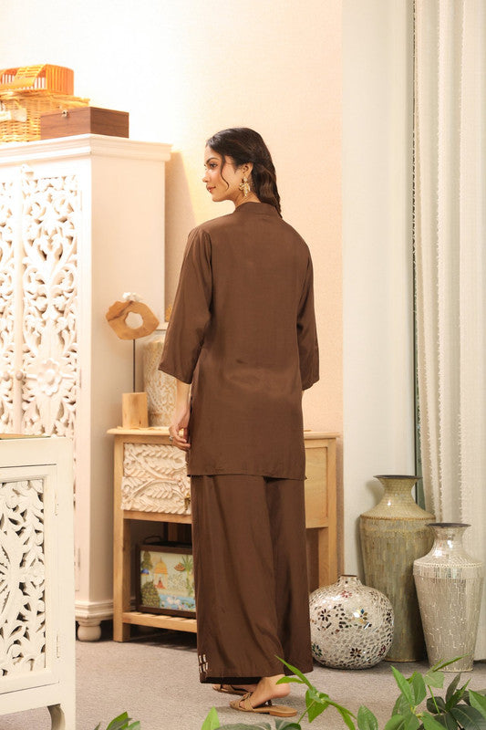 Mocha Mirror Hand Embellished Glow Russian Silk Co-ord Set