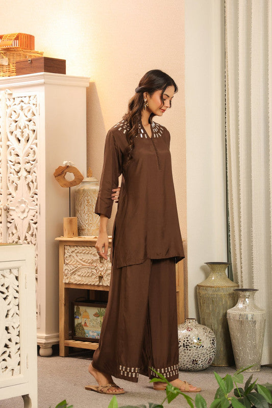 Mocha Mirror Hand Embellished Glow Russian Silk Co-ord Set