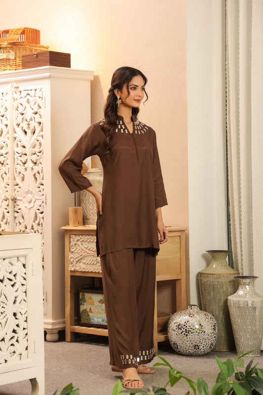 Mocha Mirror Hand Embellished Glow Russian Silk Co-ord Set