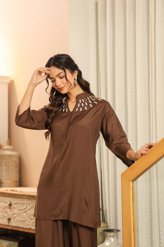 Mocha Mirror Hand Embellished Glow Russian Silk Co-ord Set