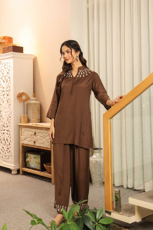 Mocha Mirror Hand Embellished Glow Russian Silk Co-ord Set
