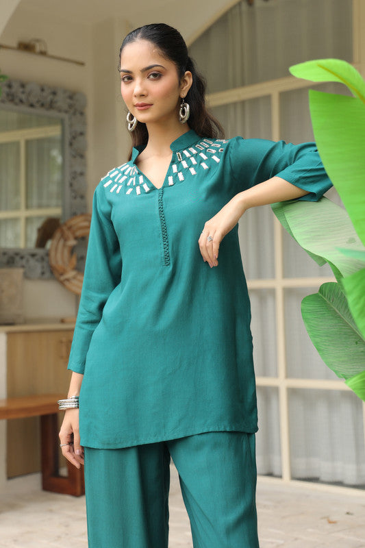 Teal Mirror Work Solid Russian Silk Co-ord Set