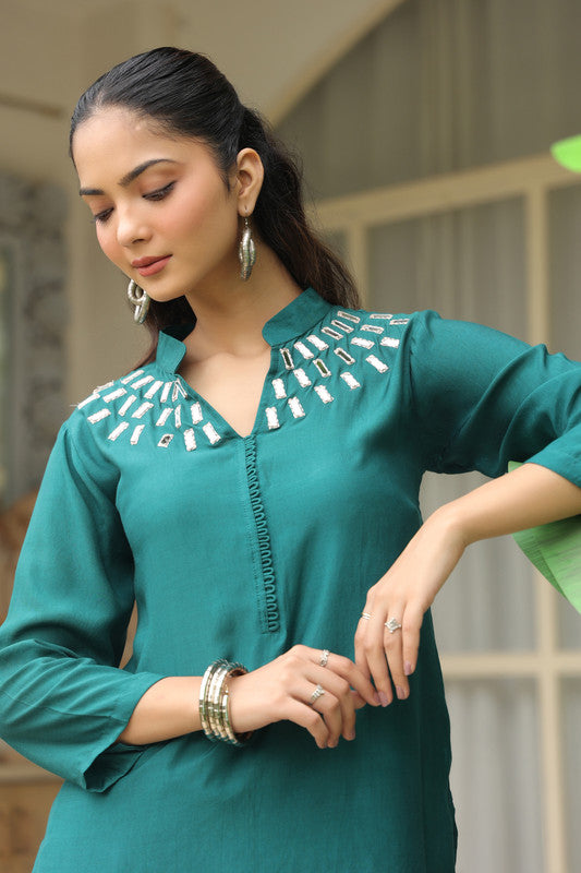 Teal Mirror Work Solid Russian Silk Co-ord Set