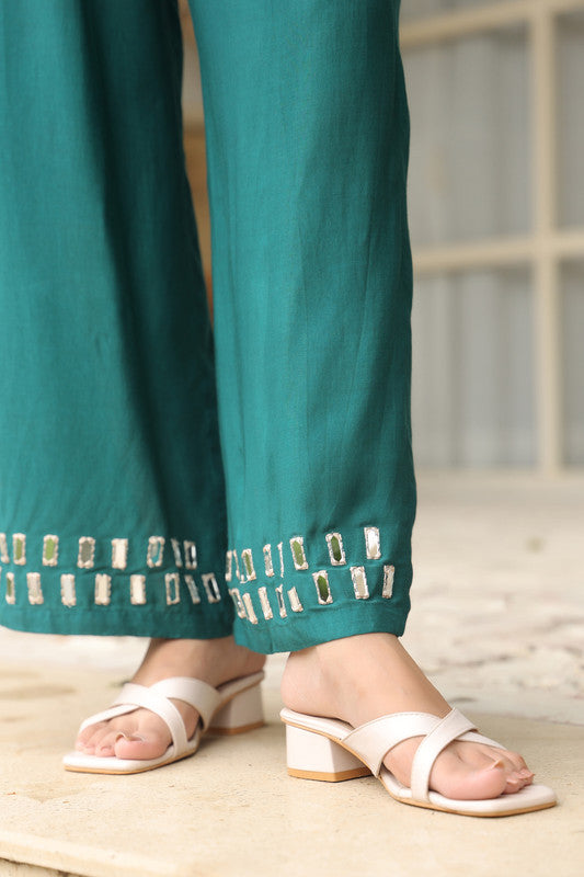 Teal Mirror Work Solid Russian Silk Co-ord Set