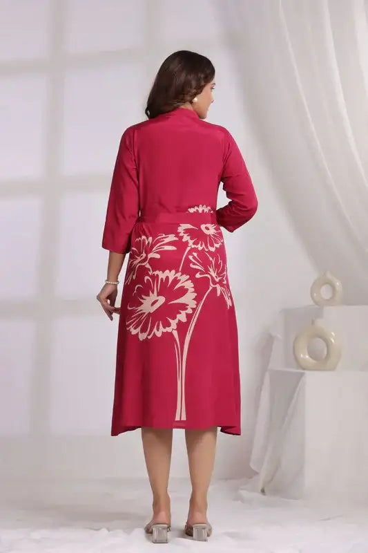 Pink Floral Midi Dress Russian Silk with Belted Waist