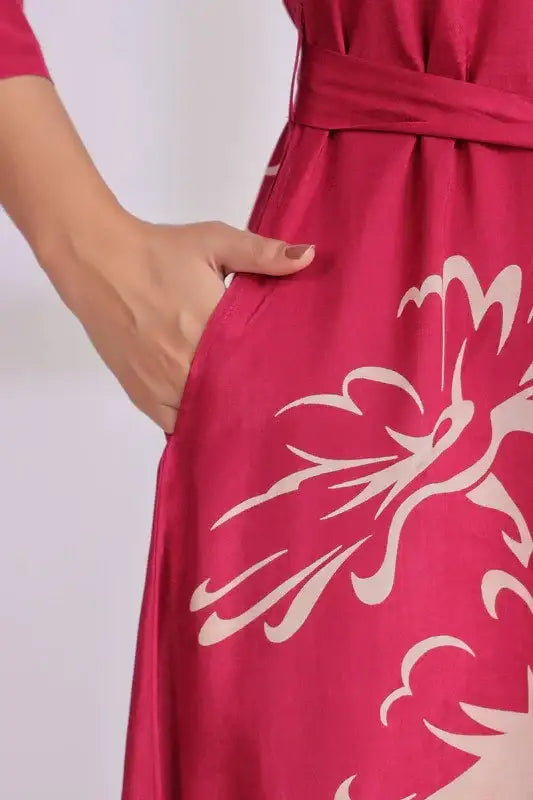 Pink Floral Russian Silk Midi Dress