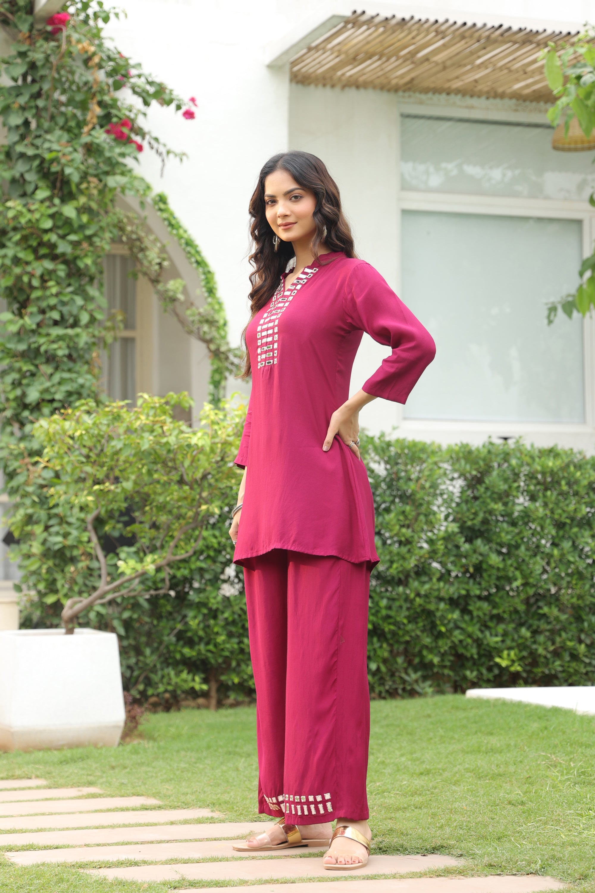 Mirror Work Purple Solid Russian Silk Co-ord Set