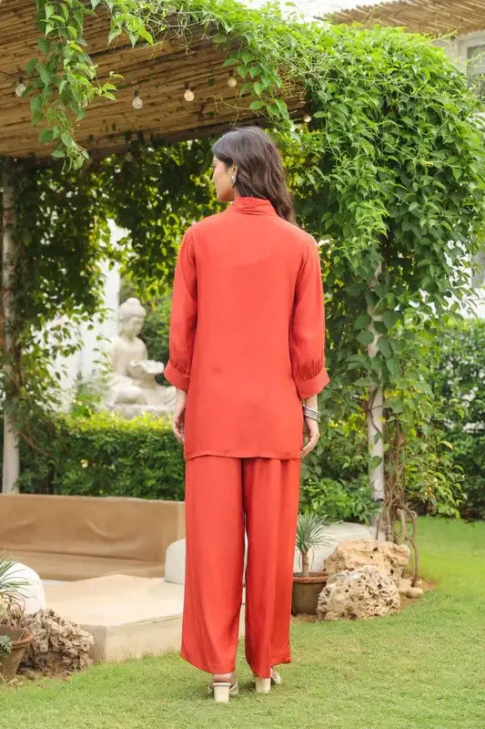 Rust Blossom Embroidered Russian Silk Co-ord Set