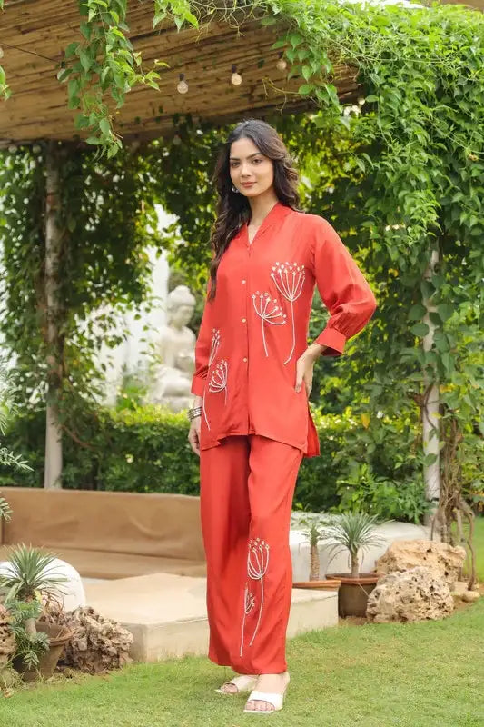 Rust Blossom Embroidered Russian Silk Co-ord Set